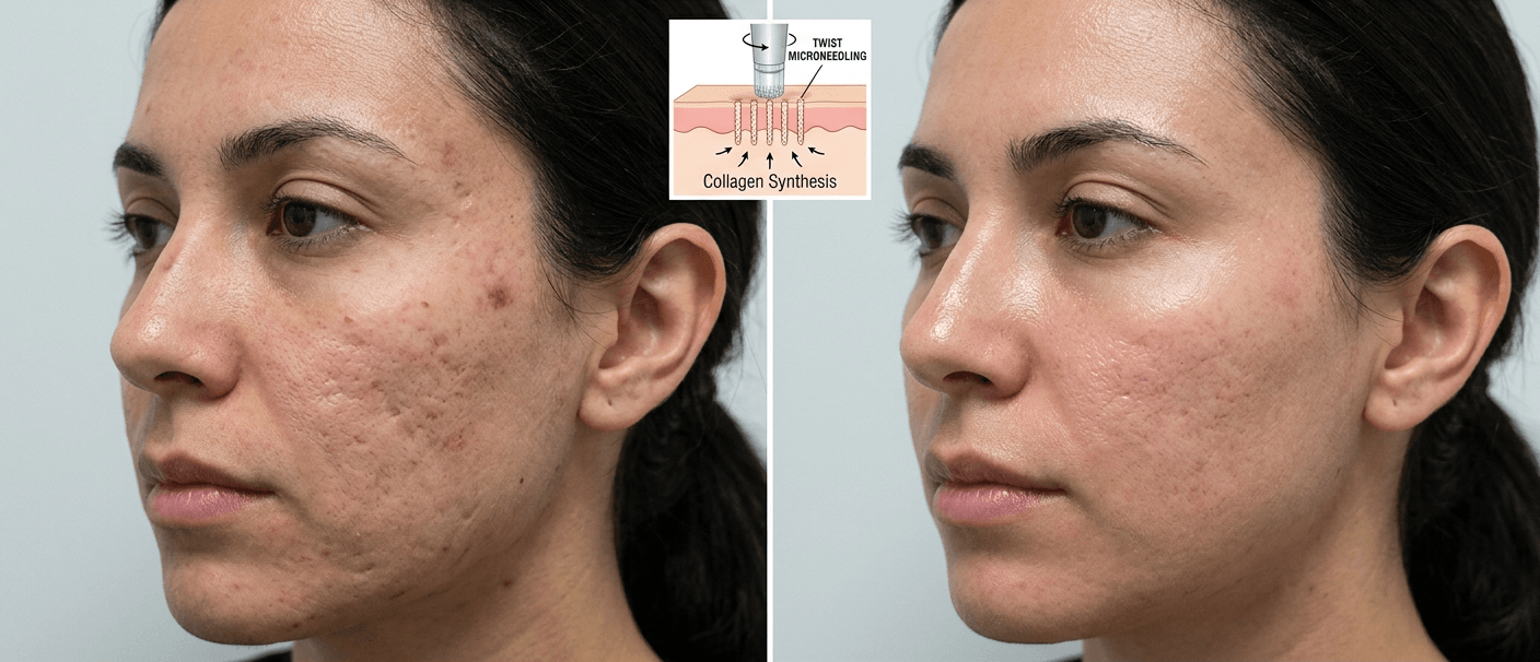 TWIST Microneedling before and after — visible reduction in acne scarring after 4 sessions at Silkentouch Cambridge